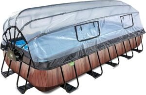 EXIT Toys Piscine Wood avec dôme Multifonctionnel - 540x250x100cm - Grande Piscine rectangulaire avec Pompe à Filtre à Sable et échelle - Extra Profonde - Eau de Piscine Propre...