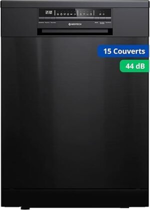 GEDTECH Lave-vaisselle GLV1544BL 15cv - Tiroir à couverts – 44 dB – Très silencieux - Départ Différé - Eco - Intensif - Rapide – Faible conso - Classe C - Noir - Protection enfant