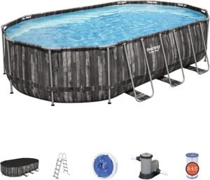 Piscine BESTWAY Hors Sol Ovale Power Steel™ décor Bois, 610 x 366 x 122 cm, Filtre à Cartouche