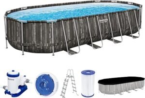 Piscine hors sol ovale Power Steel™ décor bois, 732 x 366 x 132 cm, filtre à cartouche, diffuseur Chemconnect™, bâche, échelle
