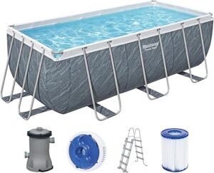 Piscine hors sol Power Steel™ motif marbre gris 412 x 201 x 122 cm, filtre à cartouche, échelle, diffuseur Chemconnect™